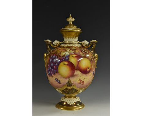 A Royal Worcester two-handled pedestal ovoid vase and cover, painted by Freeman, signed, with ripe peaches, blackberries and 