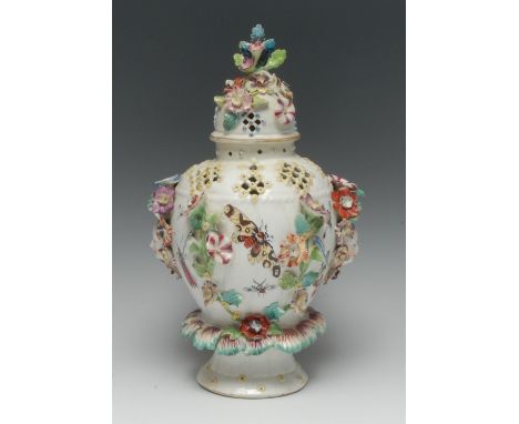 An early Derby ovoid frill potpourri vase and cover, modelled by or after Jonathan Boot with a pair of masks and profusely or