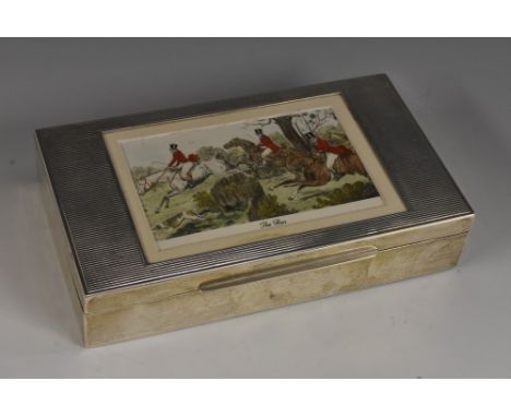 Hunting - an Art Deco period sterling silver rectangular cigarette case, hinged cover with glazed aperture set with a polychr