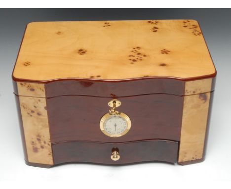A large Cigar Master burr maple commode fronted humidor, hinged cover enclosing a dehumidifier and a lift-out tray, the front