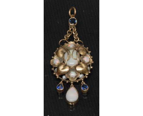 A late 19th/early 20th century Art Nouveau opal seed pearl and blue spinel pendant, central oval opal quartered by four small