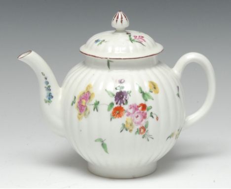 A Derby ribbed globular teapot and cover, painted in polychrome enamels with scattered country flowers, outlined in iron red,