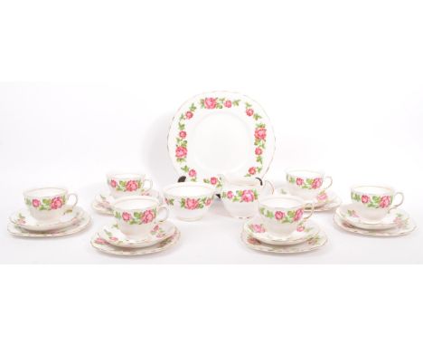 Royal Vale bone china tea set in Pink Roses pattern, comprising 6 cups, 6 saucers, 6 tea plates along with a biscuit / cake p