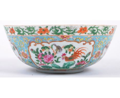 A 19th century Chinese Oriental porcelain light blue ground Famille Rose bowl vase. The bowl decorated with leaves &amp; flow