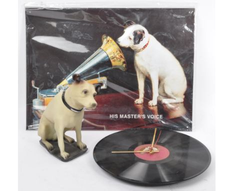 A collection of vintage 20th century HMV His Master's Voice memorabilia. With a figurine of Nipper the dog, record vinyl wall