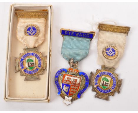 A collection of three hallmarked silver enamelled masonic jewels / medals. To include two steward medals for the Worcester Ro