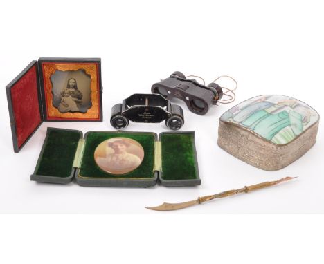 A collection of 19th Century and later curios to include a Victorian ambrotype photograph in engraved velvet case, two small 