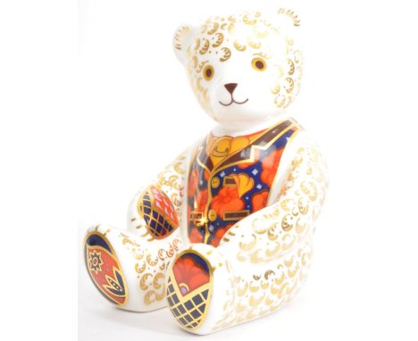 Royal Crown Derby fine English bone china Debonair Teddy Bear porcelain paperweight wearing flower waistcoat with silver stop