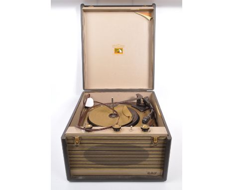 H.M.V - A retro vintage 20th century circa 1950s His Masters Voice HMV record player in a grey colourway. Measures 25cm tall.