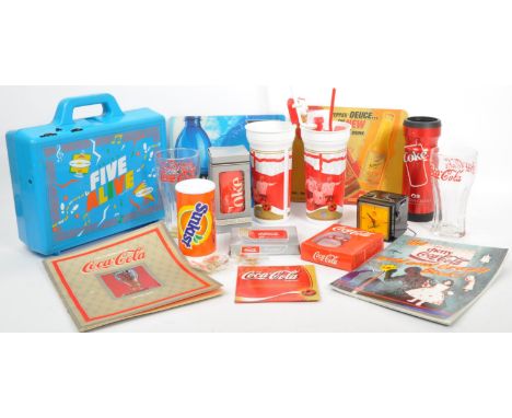 A collection of vintage retro 20th century coca cola and related memorabilia to include a boxed novelty transistor radio, gla