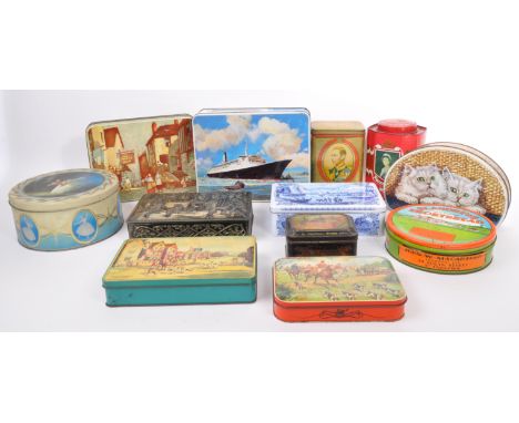 A collection of early to mid-century retro tins to include Huntley and Palmers, Powell's Biscuits, Thorne's Premier Toffee, M