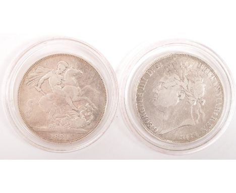 Two early 19th century George III 1821 and 1822 925 silver crown coins. The obverse shows a laureate head portrait of George 