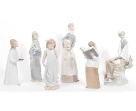 A collection of six vintage 20th century Nao Spanish porcelain figurines by Lladro. Lotto include; Girl with candle (matt fin