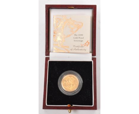 A Royal Mint 1999 solid 22ct gold proof full sovereign coin. Proof in plastic case in leather presentation case with certific