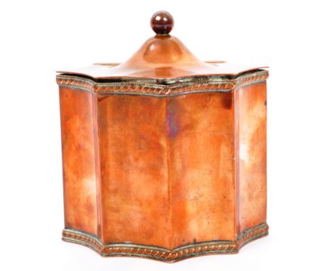 An early 20th century Arts &amp; Crafts copper tea caddy with ornate rope detailing to upper, lower rim with scallop shaped b