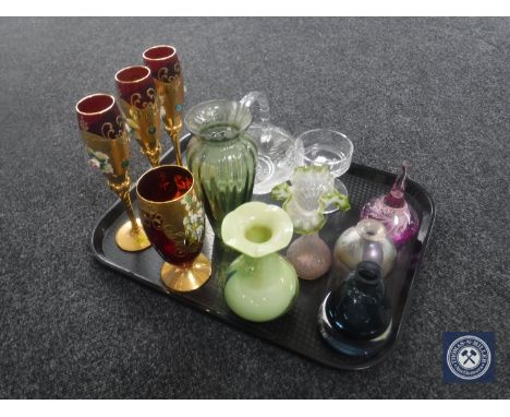 A tray of assorted glass ware - glass vase, Victorian hand blown vase, King George VI plate with handle, ruby glass and gilt 