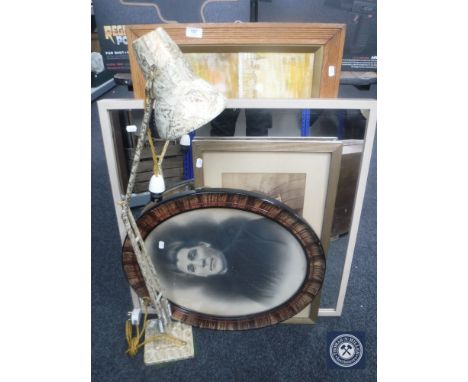 A 20th century angle poised lamp, a framed mirror, two framed portraits and an oil on board of a lighthouse by E. Smith 