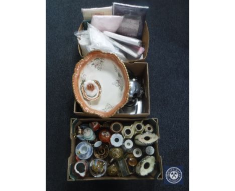 Three boxes of new bedding, metal ware, pottery wash basin, vases, part tea services etc 