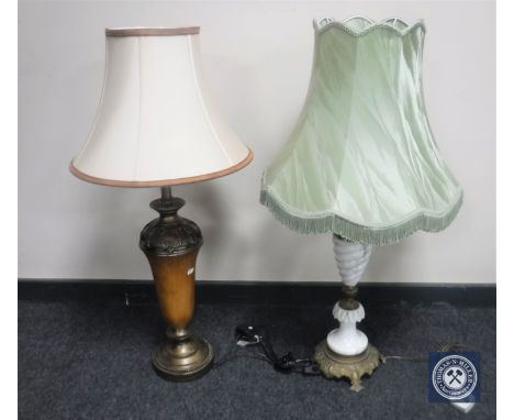 A brass and marble classical style table lamp and one other lamp 