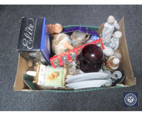 A box of Spanish figures, glass ware, wall plates, novelty teapot etc 