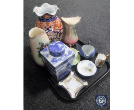 A tray containing a Japanese Imari vase (a/f) Royal Winton lustre vases, Shelley shell dish, Wedgwood jug, Carlton ware jug e