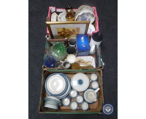 Three boxes of Wedgwood Blue Pacific dinner ware, part china tea service, Newcastle China music hall plates, Danish Stelton c