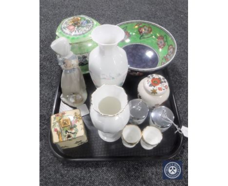 A Maling lustre bowl, Maling biscuit barrel, Nao figure, Aynsley vase, Worcester egg coddlers etc 