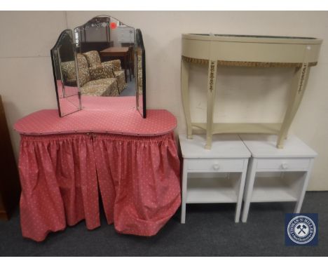 A mid 20th century kidney shaped dressing table with mirror, painted plant trough and pair of painted bedside stands 