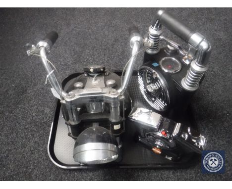 Three Harley Davidson radios - Harley V twin engine, Harley single lever radio and a Harley fuel tank radio 