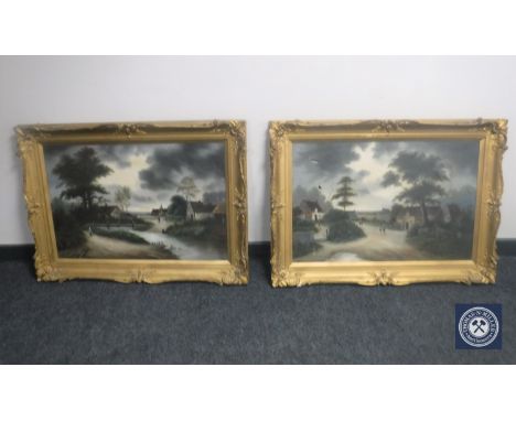 A pair of gilt framed 20th century oils on canvas, rural village scenes, signed R. Keen (a/f)