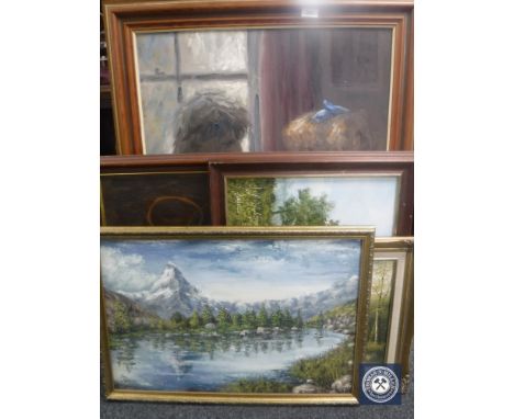 A gilt framed oil on board depicting fisherman, signed T. McCardle, a mahogany framed oil on board, father and daughter, toge