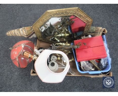 A box of octagonal brass framed mirror, tapestry hanging, table lamps, brass door fittings, spelter figure etc 