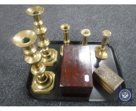 A tray of two pairs of brass candlesticks, brass candlestick, Victorian tea caddy and an Art Nouveau trinket box 