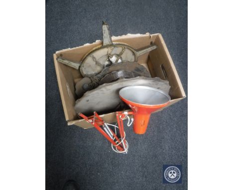 A box containing a continental Art Deco light fitting, rustic metal light fitting, angle poise lamp