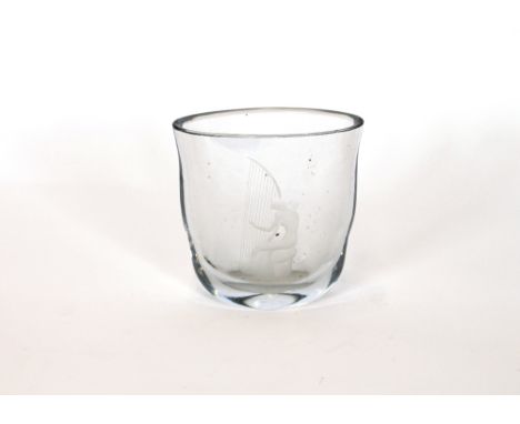 A clear glass vase, with etched decoration of a female playing a harp, indistinctly signed and numbered to base, 15.5cm high