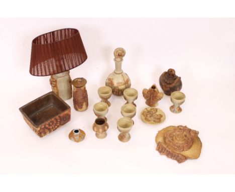 A quantity of Bernard Rooke pottery, to include decanter, goblets, table lamp, storage jar, various vases, plant trough etc.