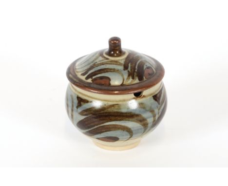 Bernard Leach for St. Ives Pottery, a sugar bowl with domed lid and stalk finial, 12cm high