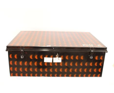 A metal travelling trunk, 98cm wide x 68cm deep x 24cm high