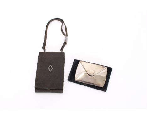 An Art Deco compact, with marcasite, initialled "R"; and a plated folding ladies handbag mirror, (2)