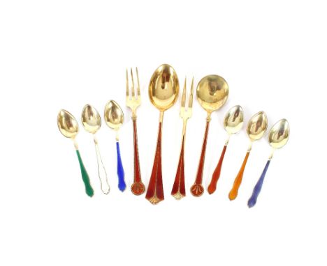 A set of six yellow metal and coloured enamel coffee spoons, stamped Norway Sterling; two similar condiment spoons; and two s