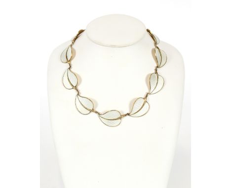 A Norwegian yellow metal and enamel decorated necklace, stamped 925 S Sterling; a matching leaf spray brooch; and a pair of s