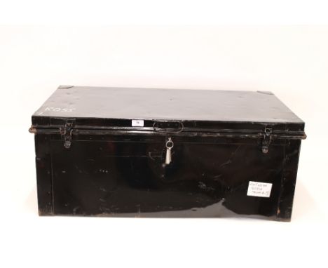 A metal travelling trunk, 89cm wide x 53cm deep x 36cm high