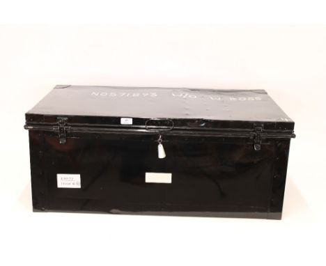 A metal travelling trunk, 89cm wide x 53cm deep x 36cm high