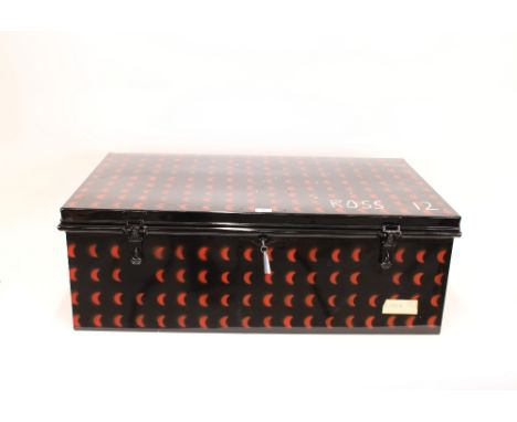 A metal travelling trunk, 93cm wide x 56cm deep x 33cm high