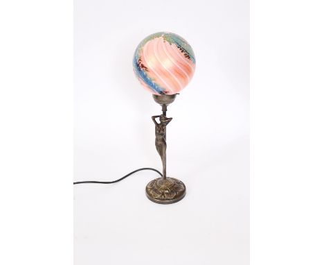 An Art Deco design table lamp, decorated with a naked girl stood on lily pads, pink and lustre decorated globe shade, 47cm hi