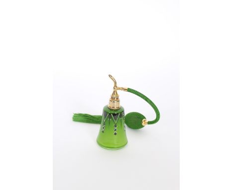 A Czechoslovakian glass secessionist design, emerald coloured perfume atomiser with enamel decoration, 14cm high