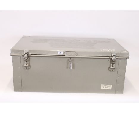 A metal travelling trunk, 90cm wide x 55cm deep x 36cm high