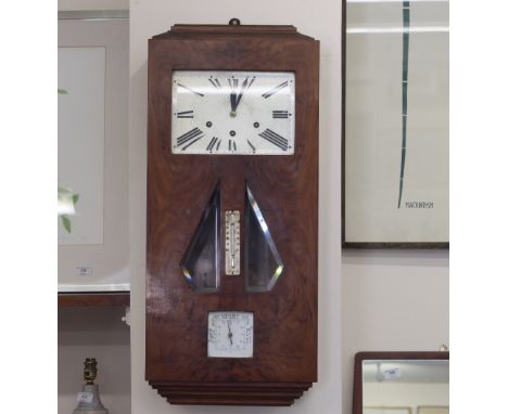 An Art Deco walnut wall clock, inset with barometer and thermometer, silvered dials, 79cm