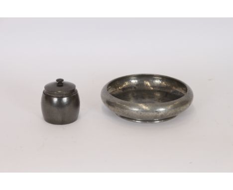 A Tudric for Liberty & Co., pewter tea caddy, number 01314; and a Tudric for Liberty & Co., spot  hammered fruit bowl, number