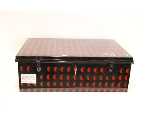 A metal travelling trunk, 91cm wide x 63cm deep x 32cm high